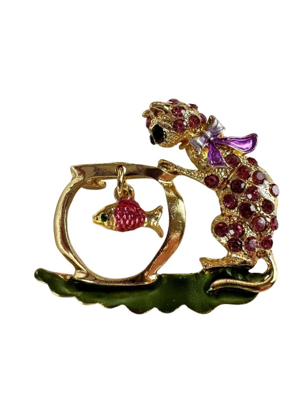 Purple Rhinestone Cat Brooch With Fish Bowl Gold-Tone Crystal Accents